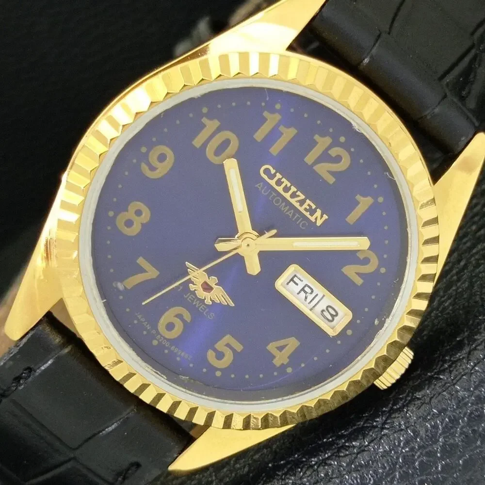 Vintage 1980 Citizen Automatic Mens Gold Watch W/daydate & Blue accents